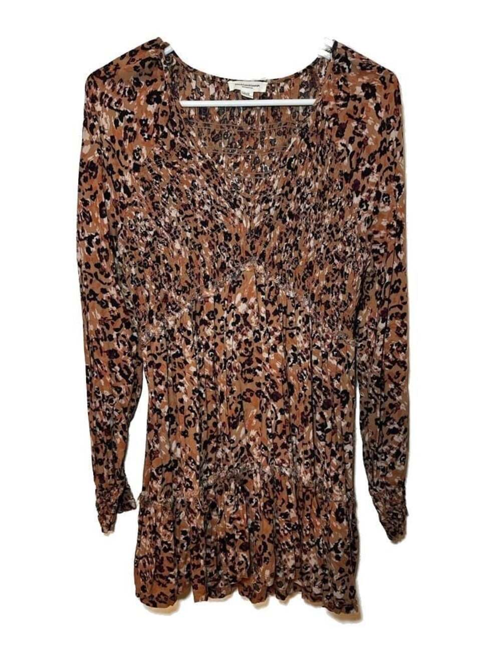 Beachlunchlounge Brown Animal Print Smocked Long Sleeve Tiered Mini Dress - Picture 1 of 4